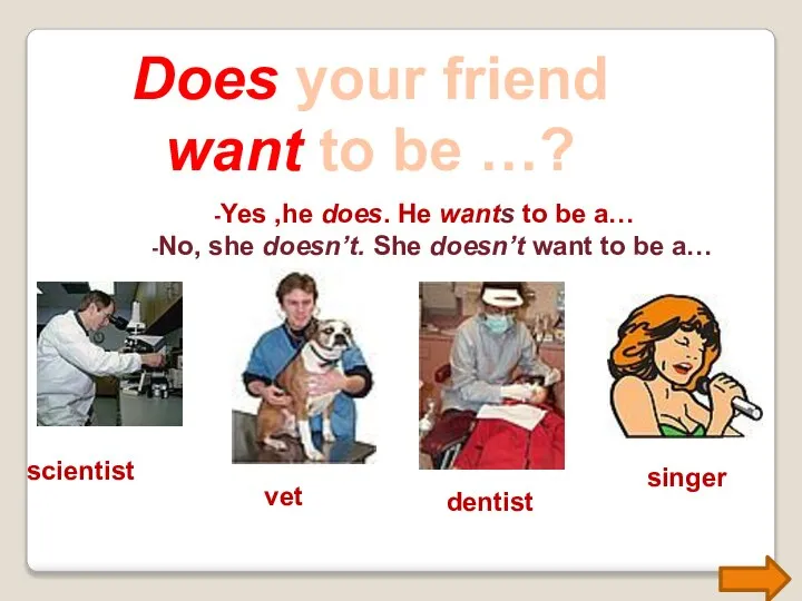 Does your friend want to be …? -Yes ,he does. He