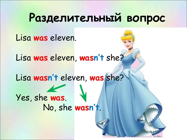 Разделительный вопрос Lisa was eleven. Lisa was eleven, wasn’t she? Lisa