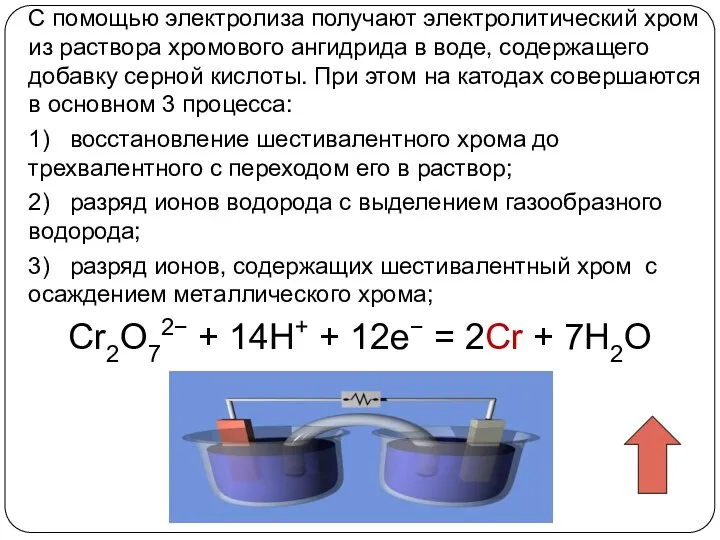 С помощью электролиза получают электролитический хром из раствора хромового ангидрида в