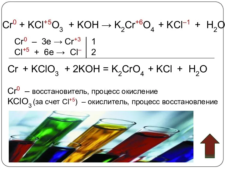 Cr0 + KCl+5O3 + KOH → K2Cr+6O4 + KCl–1 + H2O