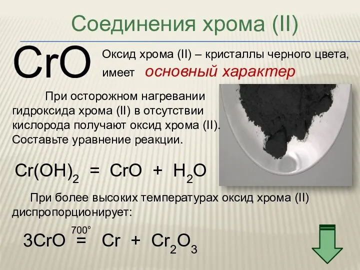 Соединения хрома (II) CrO Оксид хрома (II) – кристаллы черного цвета,