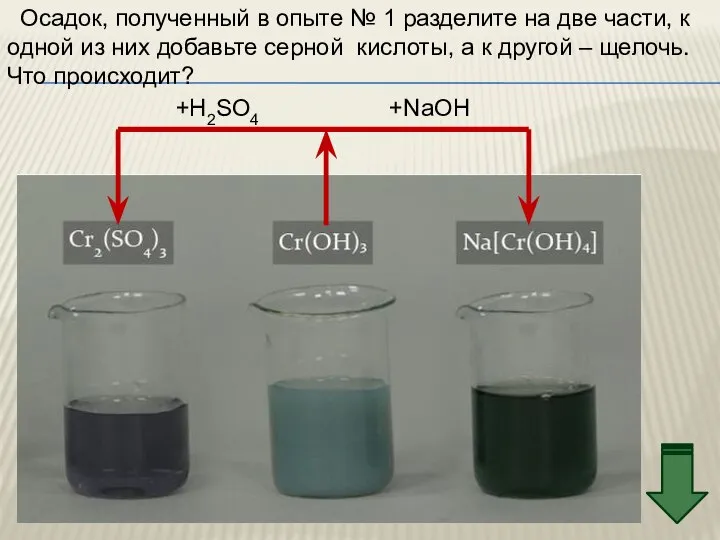 +H2SO4 +NaOH Осадок, полученный в опыте № 1 разделите на две