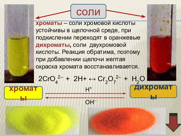 хроматы – соли хромовой кислоты устойчивы в щелочной среде, при подкислении