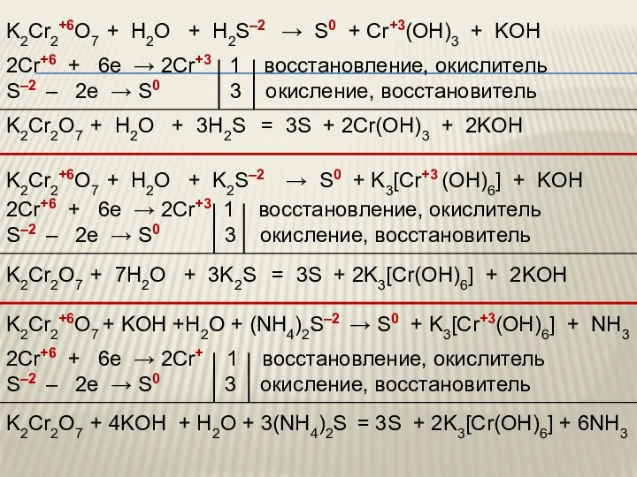 K2Cr2+6O7 + H2O + H2S–2 → S0 + Cr+3(OH)3 + KOH