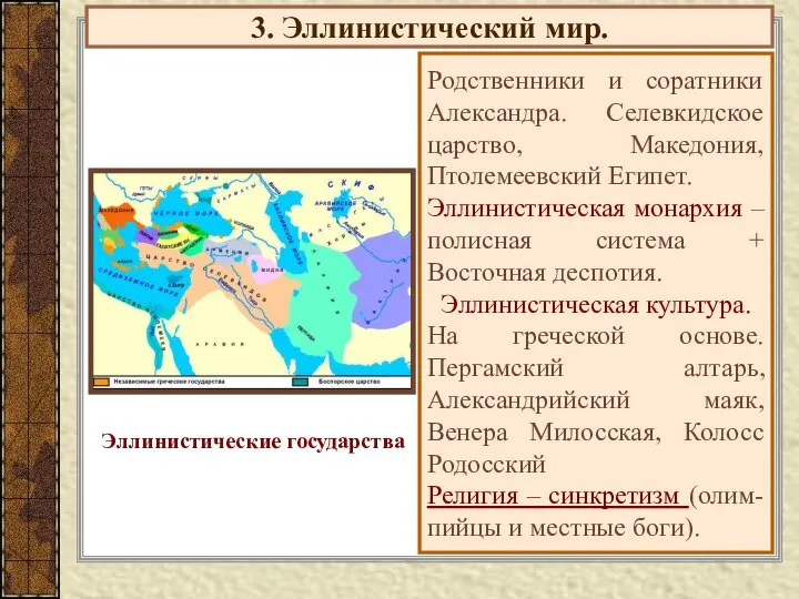 3. Эллинистический мир. Родственники и соратники Александра. Селевкидское царство, Македония, Птолемеевский