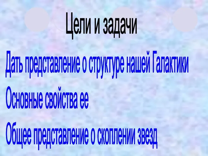 Дать представление о структуре нашей Галактики Основные свойства ее Общее представление