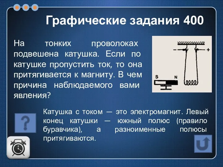 На тонких проволоках подвешена катушка. Если по катушке пропустить ток, то