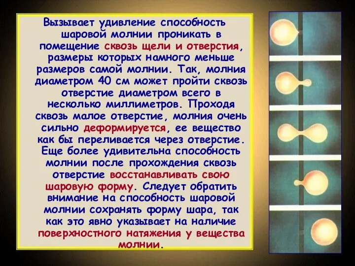 Вызывает удивление способность шаровой молнии проникать в помещение сквозь щели и