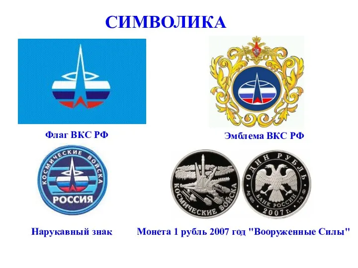 Флаг ВКС РФ Эмблема ВКС РФ Монета 1 рубль 2007 год "Вооруженные Силы" Нарукавный знак СИМВОЛИКА