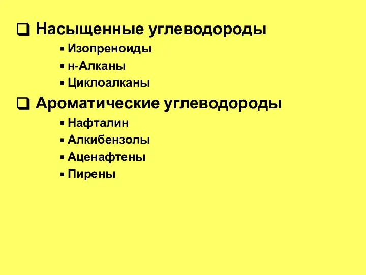 Насыщенные углеводороды Изопреноиды н-Алканы Циклоалканы Ароматические углеводороды Нафталин Алкибензолы Аценафтены Пирены