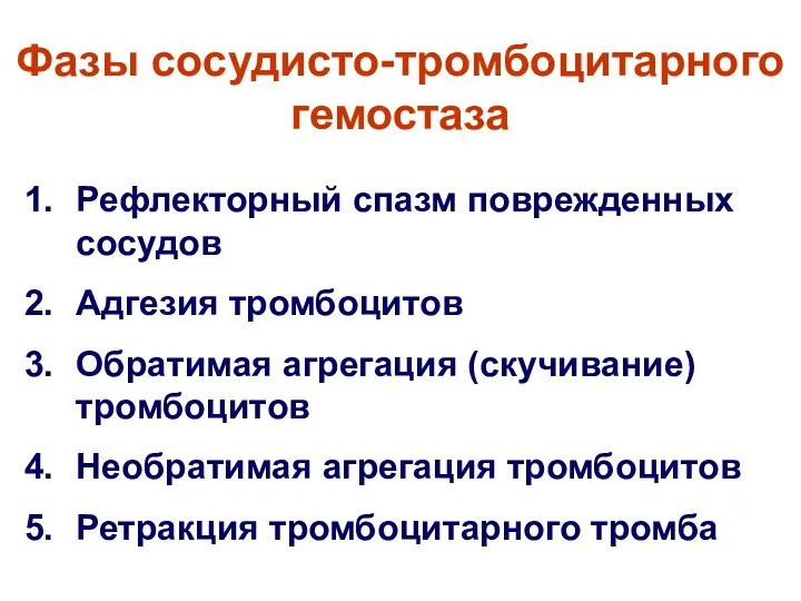 Фазы сосудисто-тромбоцитарного гемостаза Рефлекторный спазм поврежденных сосудов Адгезия тромбоцитов Обратимая агрегация