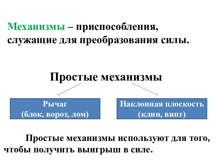 Механизмы – приспособления, служащие для преобразования силы. Простые механизмы Рычаг (блок,