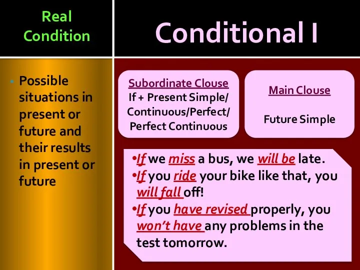 Conditional I Possible situations in present or future and their results