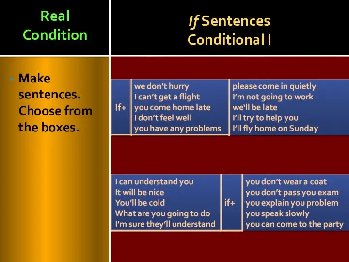 If Sentences Conditional I Make sentences. Choose from the boxes. Real Condition