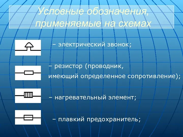 Условные обозначения, применяемые на схемах – электрический звонок; – резистор (проводник,