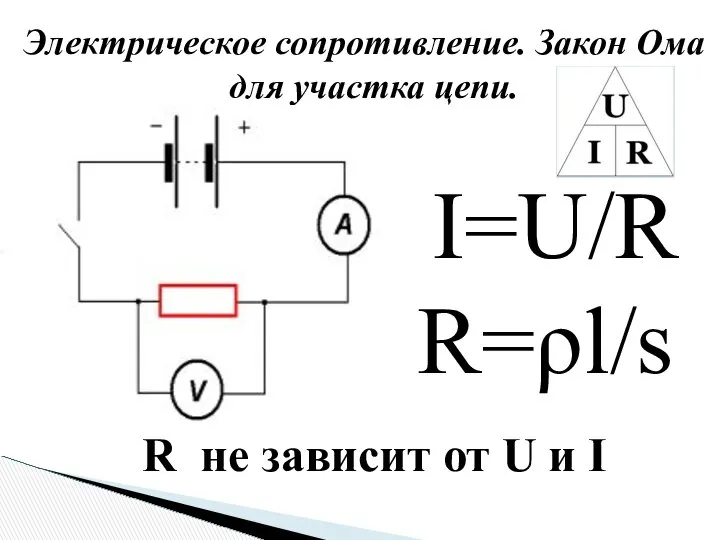 Электрическое сопротивление. Закон Ома для участка цепи. I=U/R R=ρl/s R не зависит от U и I