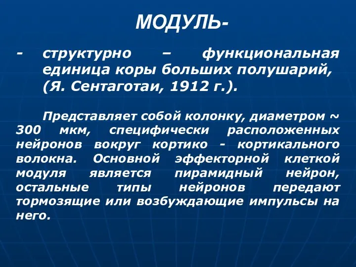 МОДУЛЬ- структурно – функциональная единица коры больших полушарий, (Я. Сентаготаи, 1912