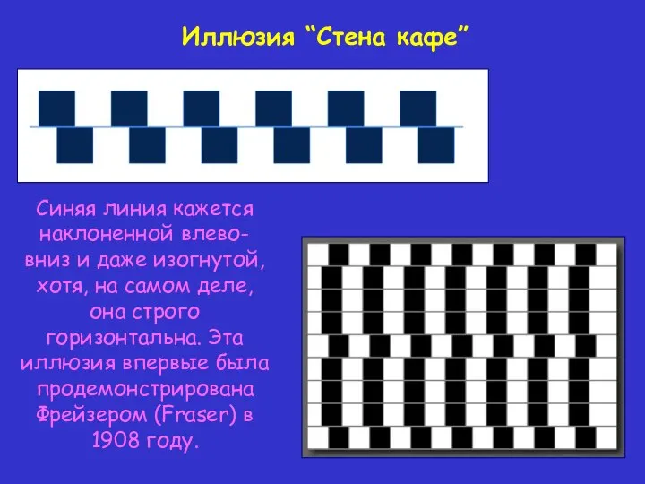 Синяя линия кажется наклоненной влево-вниз и даже изогнутой,хотя, на самом деле,