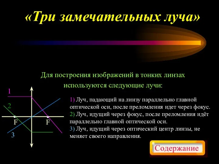 Для построения изображений в тонких линзах используются следующие лучи: «Три замечательных