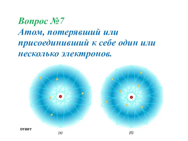 Вопрос №7 Атом, потерявший или присоединивший к себе один или несколько электронов. ответ