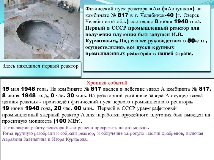 Здесь находился первый реактор Физический пуск реактора «А» («Аннушка») на комбинате