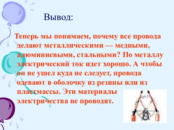 Теперь мы понимаем, почему все провода делают металлическими — медными, алюминиевыми,