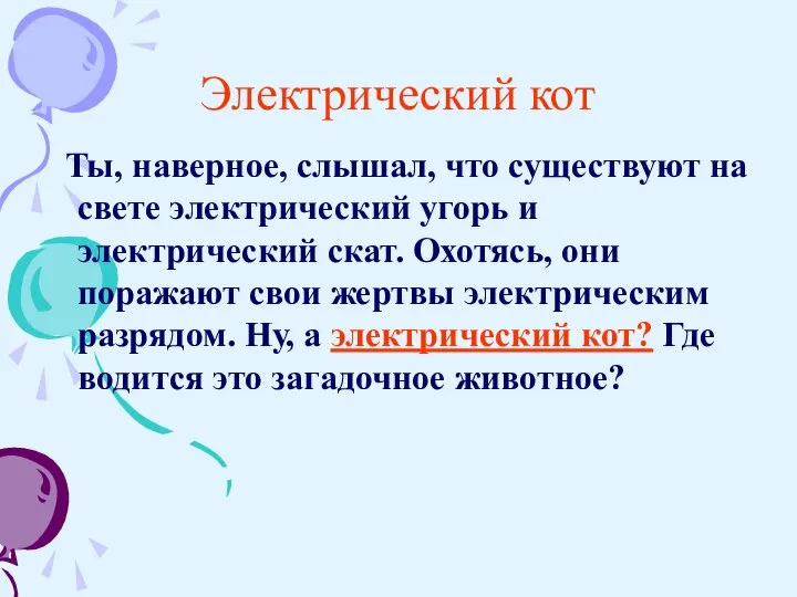 Электрический кот Ты, наверное, слышал, что существуют на свете электрический угорь