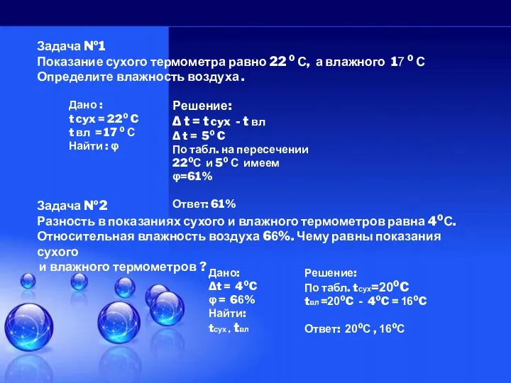 Задача №1 Показание сухого термометра равно 22 ⁰ С, а влажного