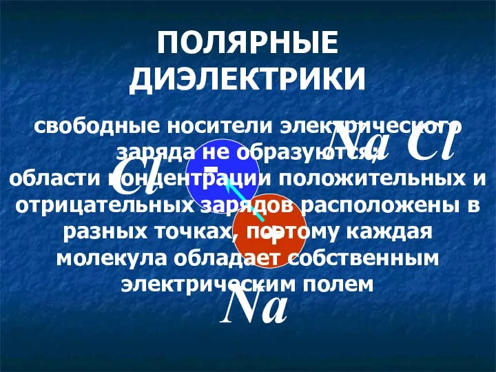 ПОЛЯРНЫЕ ДИЭЛЕКТРИКИ Na Cl Na Cl свободные носители электрического заряда не