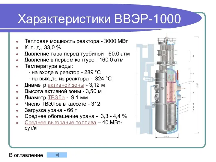 Характеристики ВВЭР-1000 Тепловая мощность реактора - 3000 МВт К. п. д.,