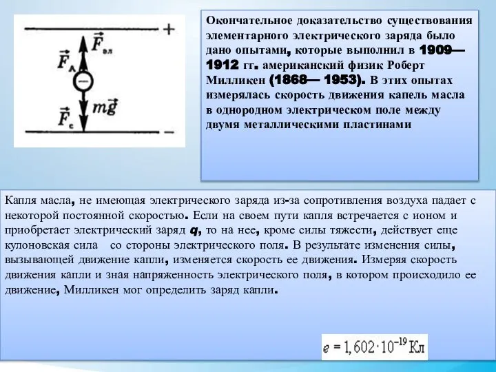 Окончательное доказательство существования элементарного электрического заряда было дано опытами, которые выполнил