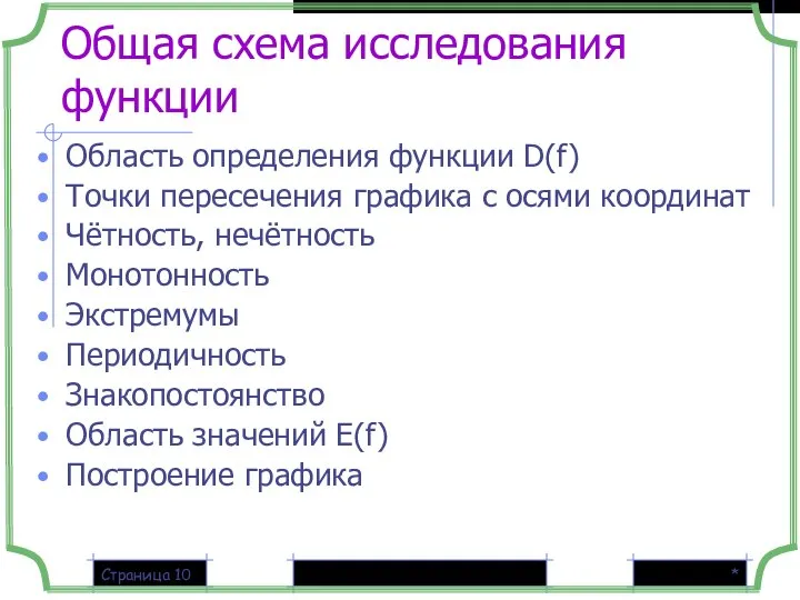 * Страница Общая схема исследования функции Область определения функции D(f) Точки