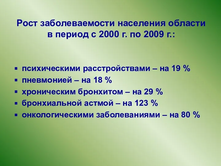 Рост заболеваемости населения области в период с 2000 г. по 2009