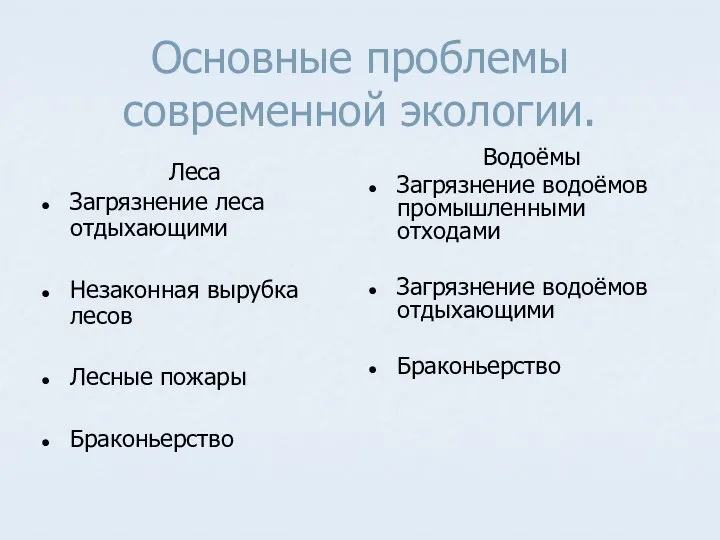 Основные проблемы современной экологии. Леса Загрязнение леса отдыхающими Незаконная вырубка лесов