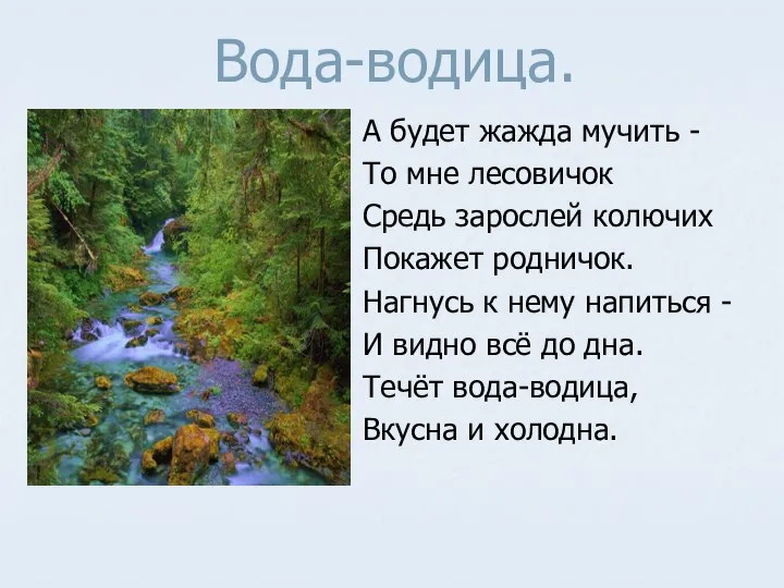 Вода-водица. А будет жажда мучить - То мне лесовичок Средь зарослей