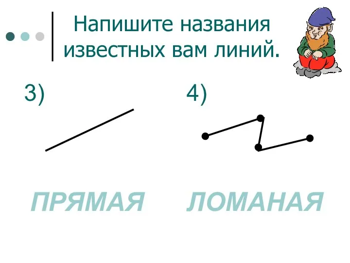 Напишите названия известных вам линий. ПРЯМАЯ ЛОМАНАЯ 4) 3)