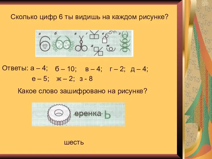 Сколько цифр 6 ты видишь на каждом рисунке? Ответы: а –