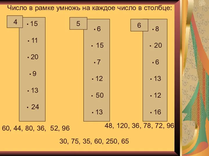 Число в рамке умножь на каждое число в столбце: • 15