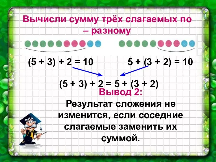 Вычисли сумму трёх слагаемых по – разному (5 + 3) +