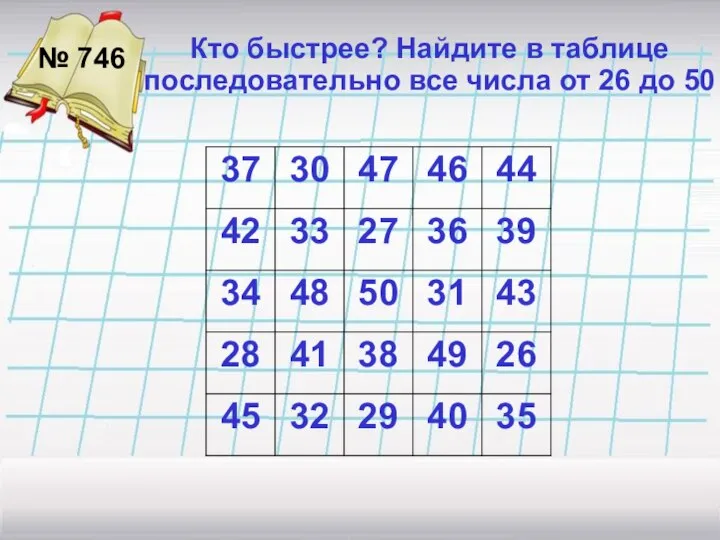 Кто быстрее? Найдите в таблице последовательно все числа от 26 до 50 № 746