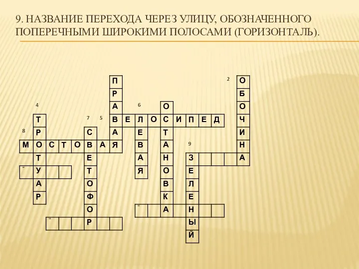 9. Название перехода через улицу, обозначенного поперечными широкими полосами (горизонталь).