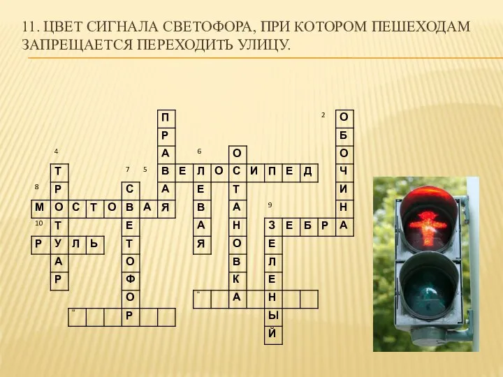 11. Цвет сигнала светофора, при котором пешеходам запрещается переходить улицу.