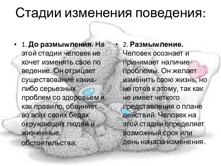 Стадии изменения поведения: 1. До размыwления. На этой стадии человек не