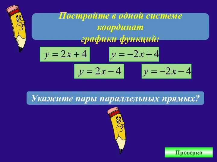 Постройте в одной системе координат графики функций: Укажите пары параллельных прямых? Проверка