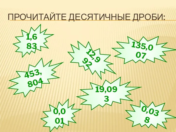 Прочитайте десятичные дроби: 1,683 12,992 453,804 135,007 19,093 0,038 0,001