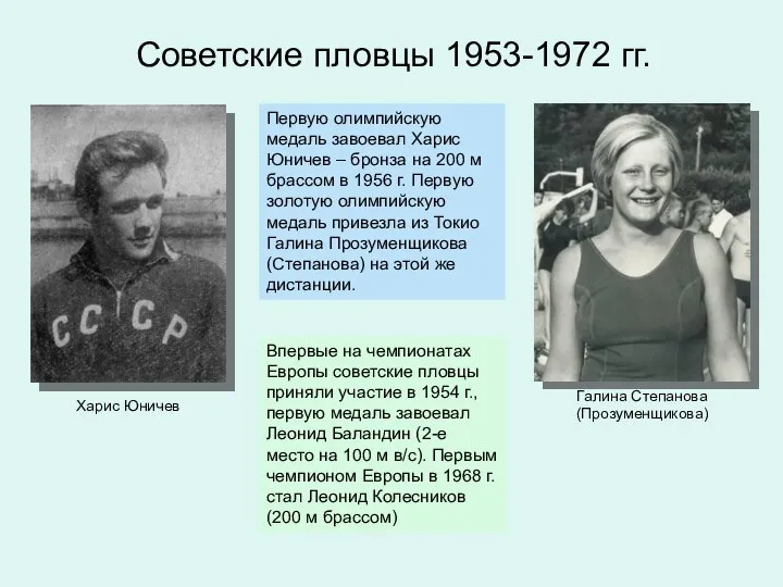 Советские пловцы 1953-1972 гг. Первую олимпийскую медаль завоевал Харис Юничев –