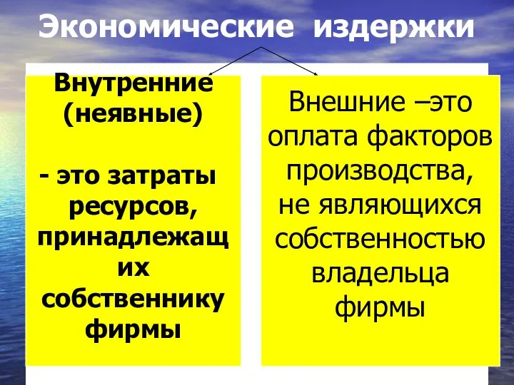 Экономические издержки Внутренние (неявные) это затраты ресурсов, принадлежащих собственнику фирмы Внешние