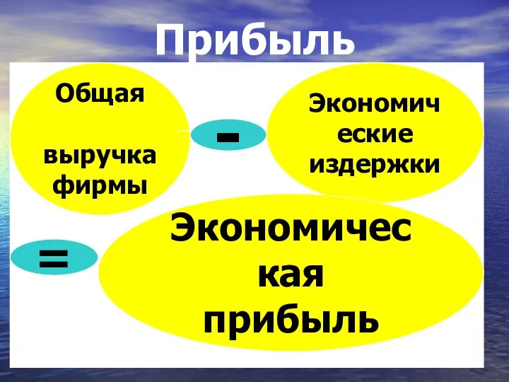 Прибыль Общая выручка фирмы Экономические издержки - = Экономическая прибыль