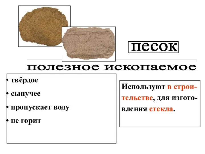 твёрдое сыпучее пропускает воду не горит песок Используют в строи- тельстве, для изгото- вления стекла.