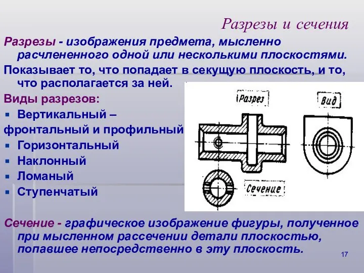 Разрезы и сечения Разрезы - изображения предмета, мысленно расчлененного одной или